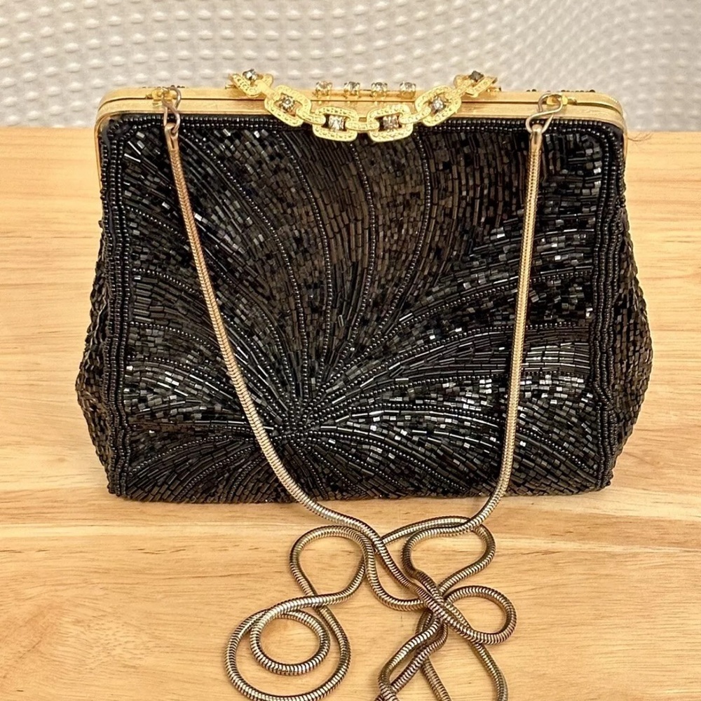 Vintage Walborg Black Beaded Evening Bag Clutch Purse Chain Strap Made in Macau